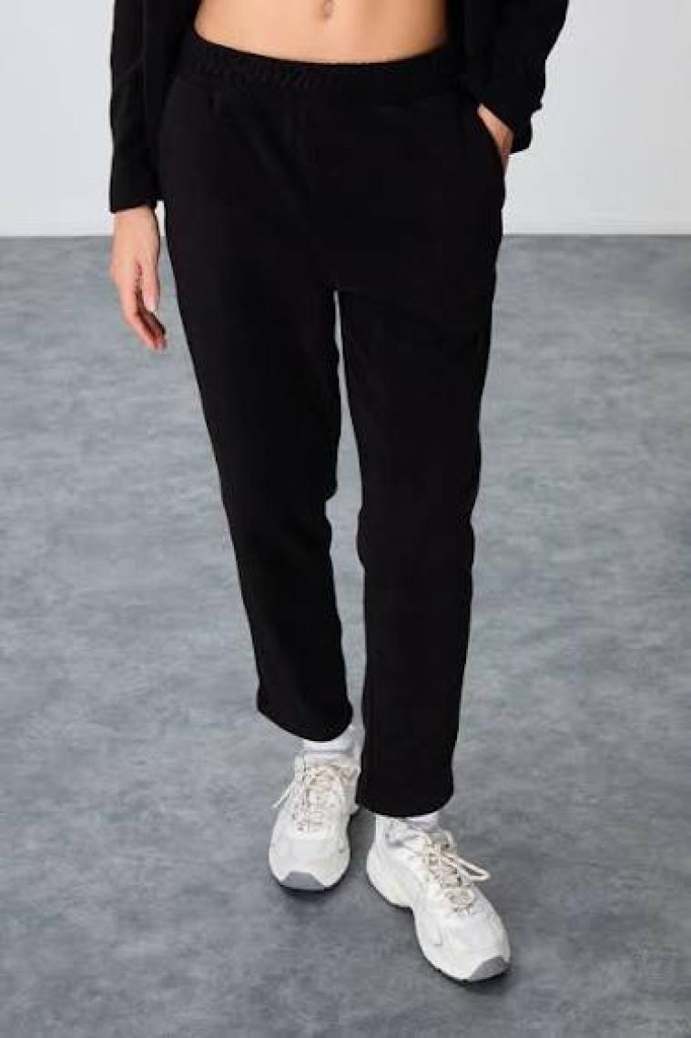 Tommy Life Siyah Kalın Yumuşak Dokulu Dik Yaka Oversize Nakışlı Polar Kadın Eşofman Takım -95339