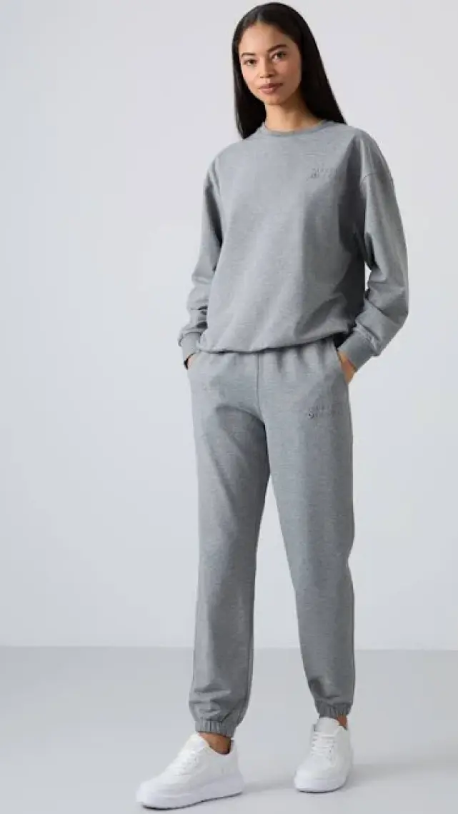 Tommy Life Gri Melanj O Yaka Oversize Lastik Paça Kadın Eşofman Takım - 95287