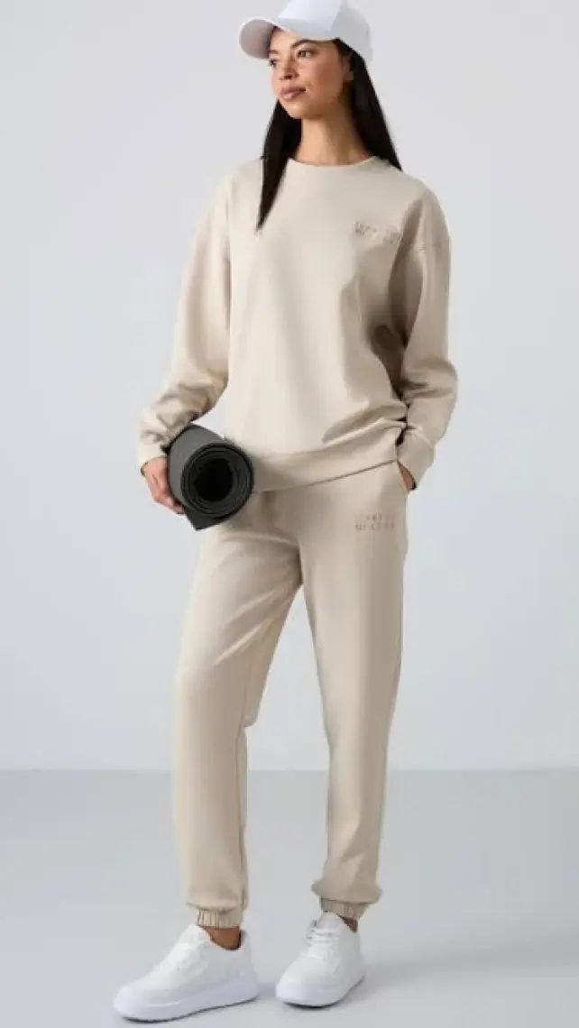 Tommy Life Gri Melanj O Yaka Oversize Lastik Paça Kadın Eşofman Takım - 95287
