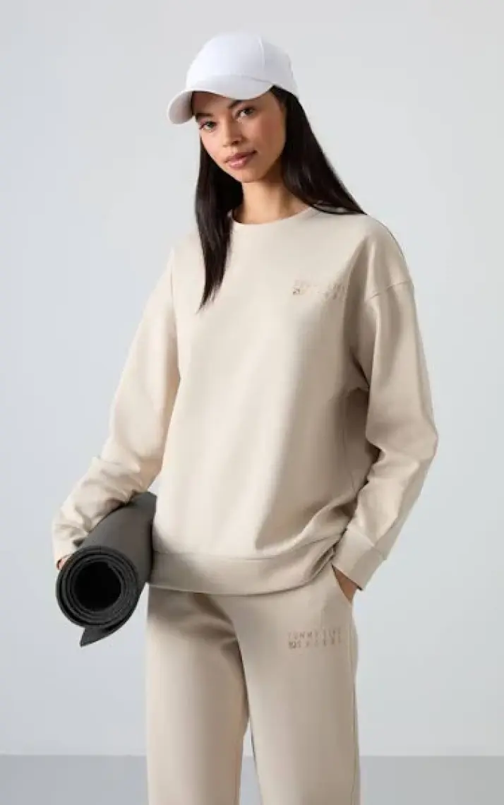 Tommy Life Gri Melanj O Yaka Oversize Lastik Paça Kadın Eşofman Takım - 95287