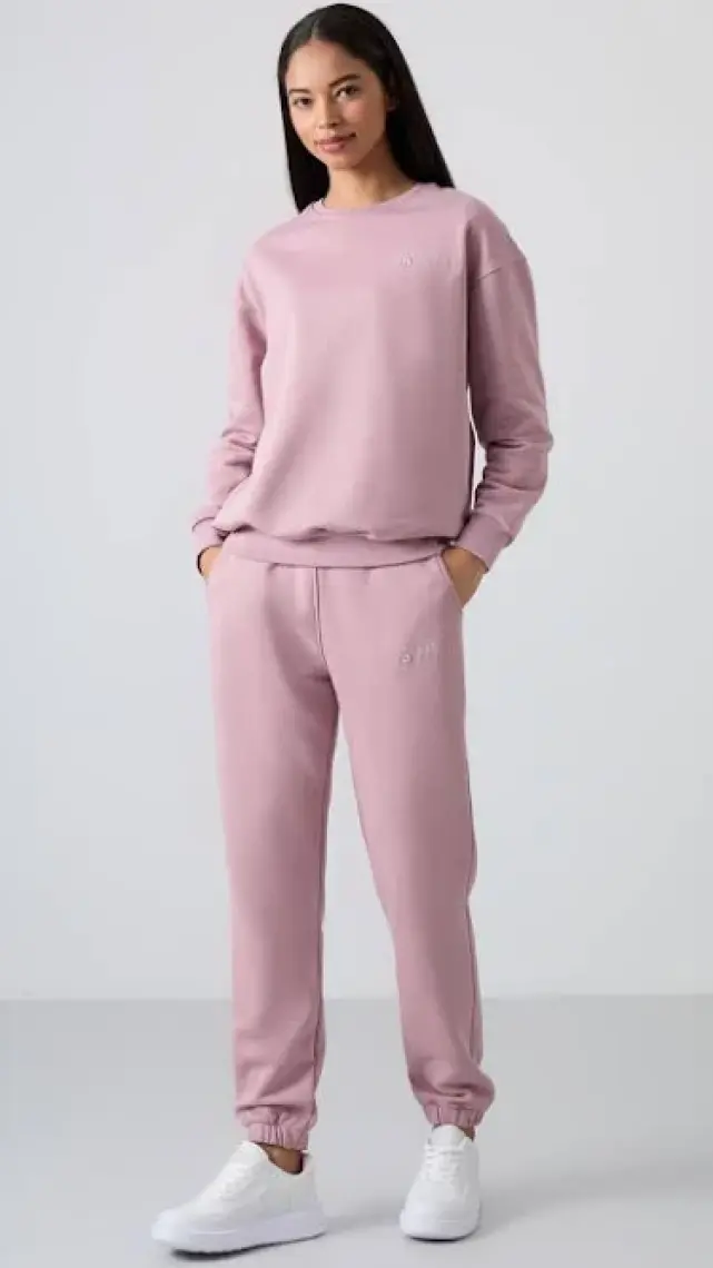 Tommy Life Gri Melanj O Yaka Oversize Lastik Paça Kadın Eşofman Takım - 95287