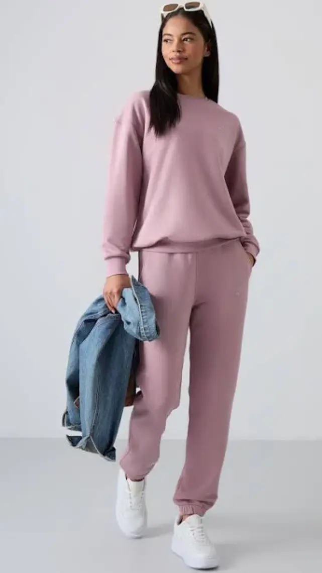 Tommy Life Gri Melanj O Yaka Oversize Lastik Paça Kadın Eşofman Takım - 95287