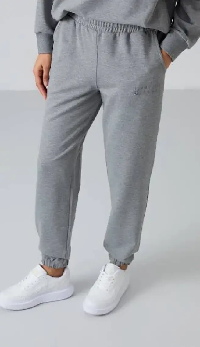 Tommy Life Gri Melanj O Yaka Oversize Lastik Paça Kadın Eşofman Takım - 95287