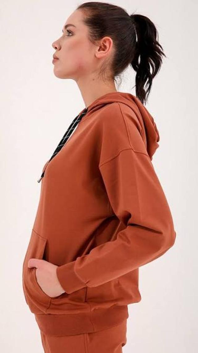 Tommy Life Tarçın Kapüşonlu Kanguru Cep Oversize Lastik Paça Kadın Eşofman Takımı - 95288