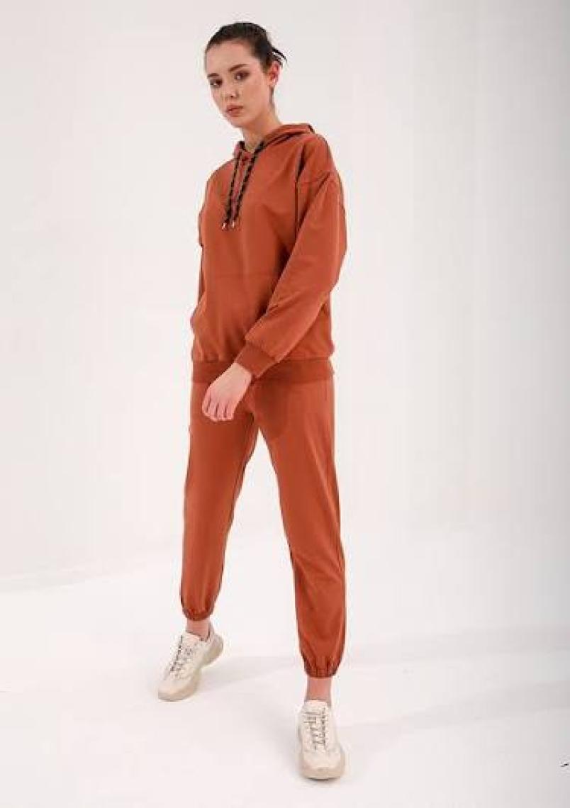 Tommy Life Tarçın Kapüşonlu Kanguru Cep Oversize Lastik Paça Kadın Eşofman Takımı - 95288
