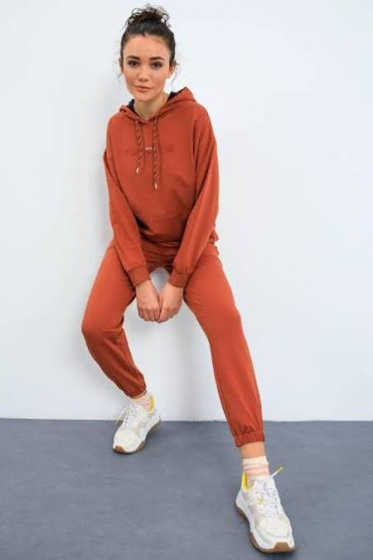Tommy Life Tarçın Kapüşonlu Kanguru Cep Oversize Lastik Paça Kadın Eşofman Takımı - 95288