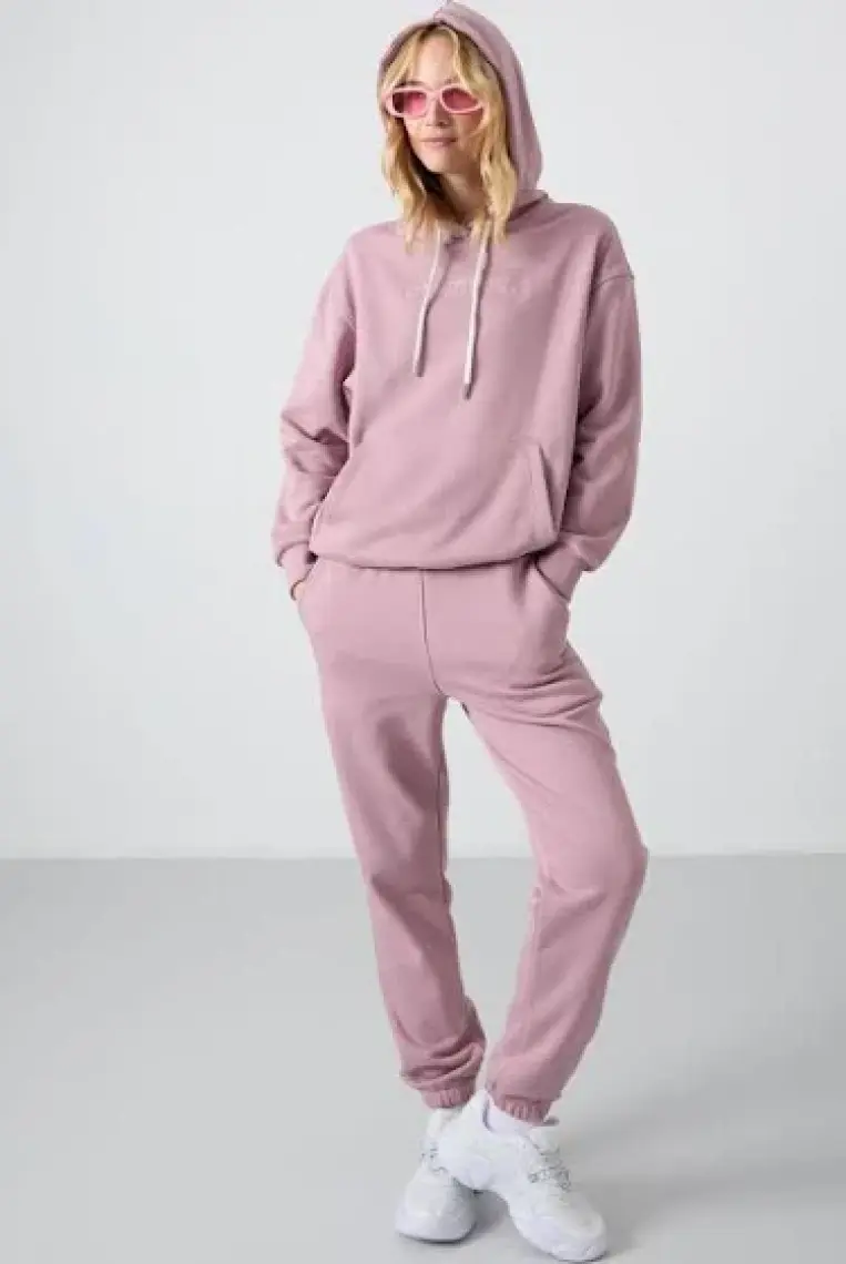 Tommy Life Gül Kurusu Kapüşonlu Kanguru Cep Oversize Lastik Paça Kadın Eşofman Takımı - 95288