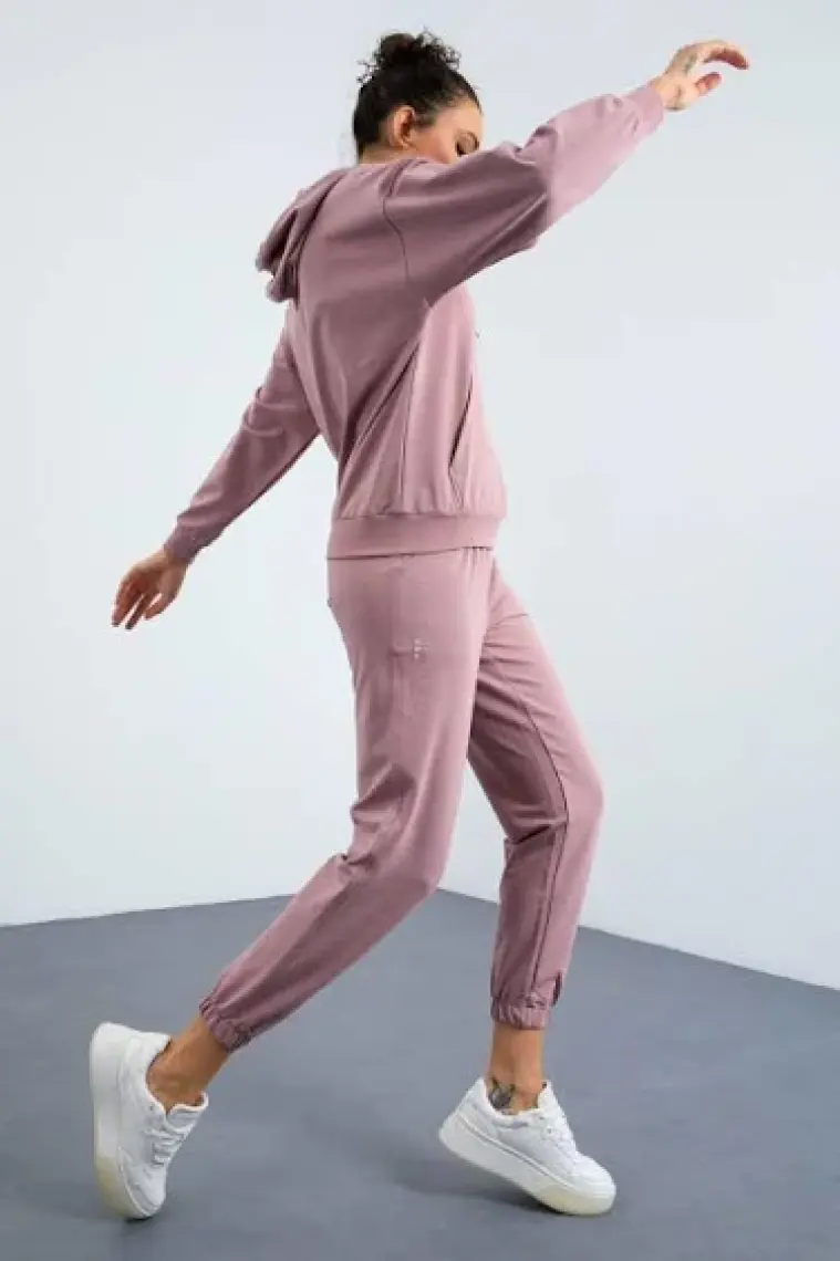 Tommy Life Gül Kurusu Kapüşonlu Kanguru Cep Oversize Lastik Paça Kadın Eşofman Takımı - 95288