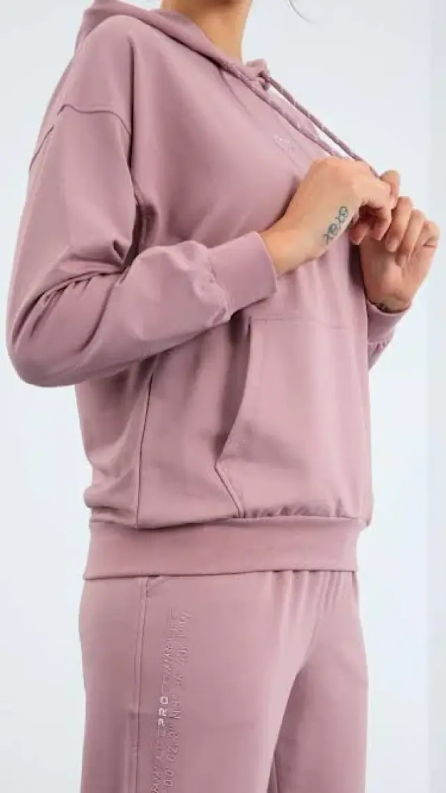 Tommy Life Gül Kurusu Kapüşonlu Kanguru Cep Oversize Lastik Paça Kadın Eşofman Takımı - 95288
