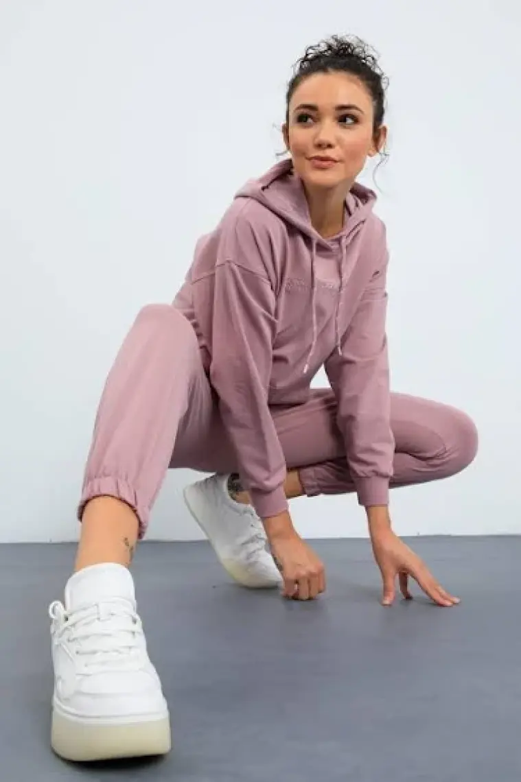 Tommy Life Gül Kurusu Kapüşonlu Kanguru Cep Oversize Lastik Paça Kadın Eşofman Takımı - 95288
