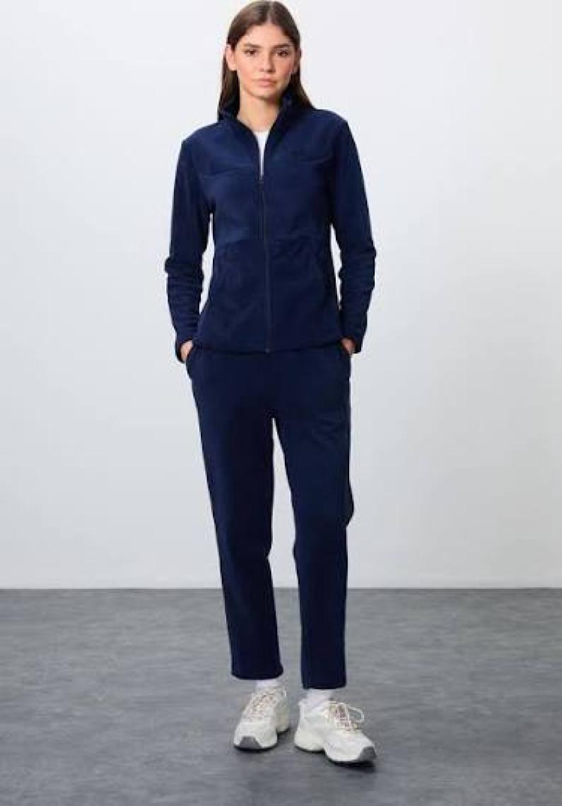 Tommy Life Lacivert Kalın Yumuşak Dokulu Dik Yaka Oversize Nakışlı Polar Kadın Eşofman Takım -95339