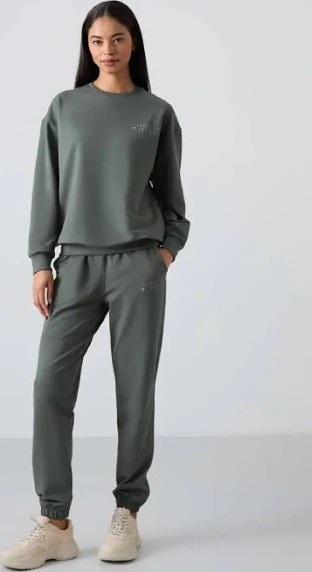 Tommy Life Çağla O Yaka Oversize Lastik Paça Kadın Eşofman Takım - 95287