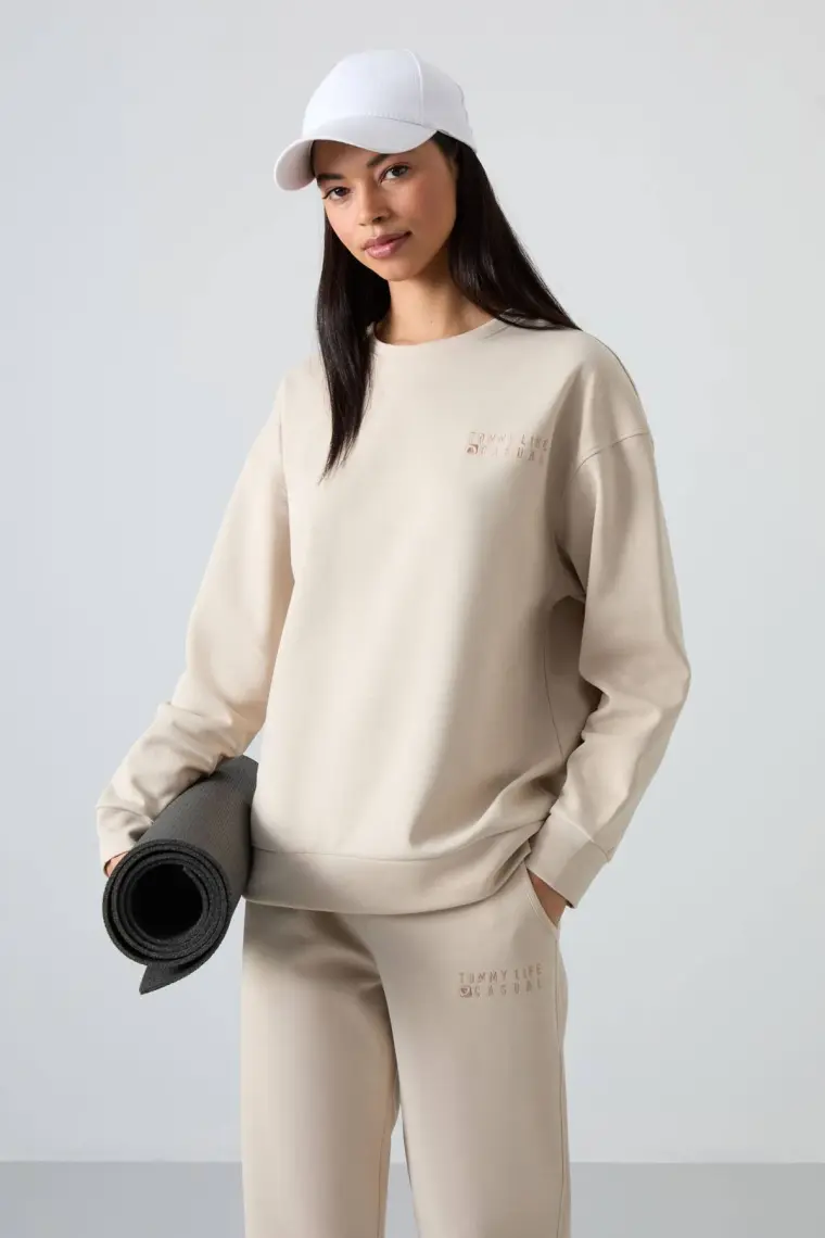 Tommy Life Bej O Yaka Oversize Lastik Paça Kadın Eşofman Takım - 95287