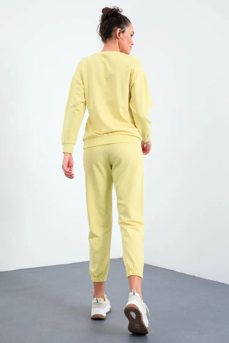 Tommy Life Bej O Yaka Oversize Lastik Paça Kadın Eşofman Takım - 95287