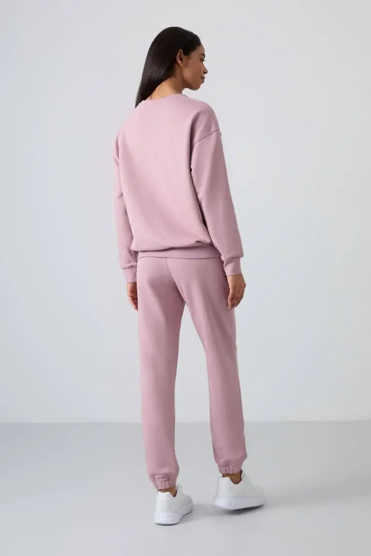 Tommy Life Bej O Yaka Oversize Lastik Paça Kadın Eşofman Takım - 95287