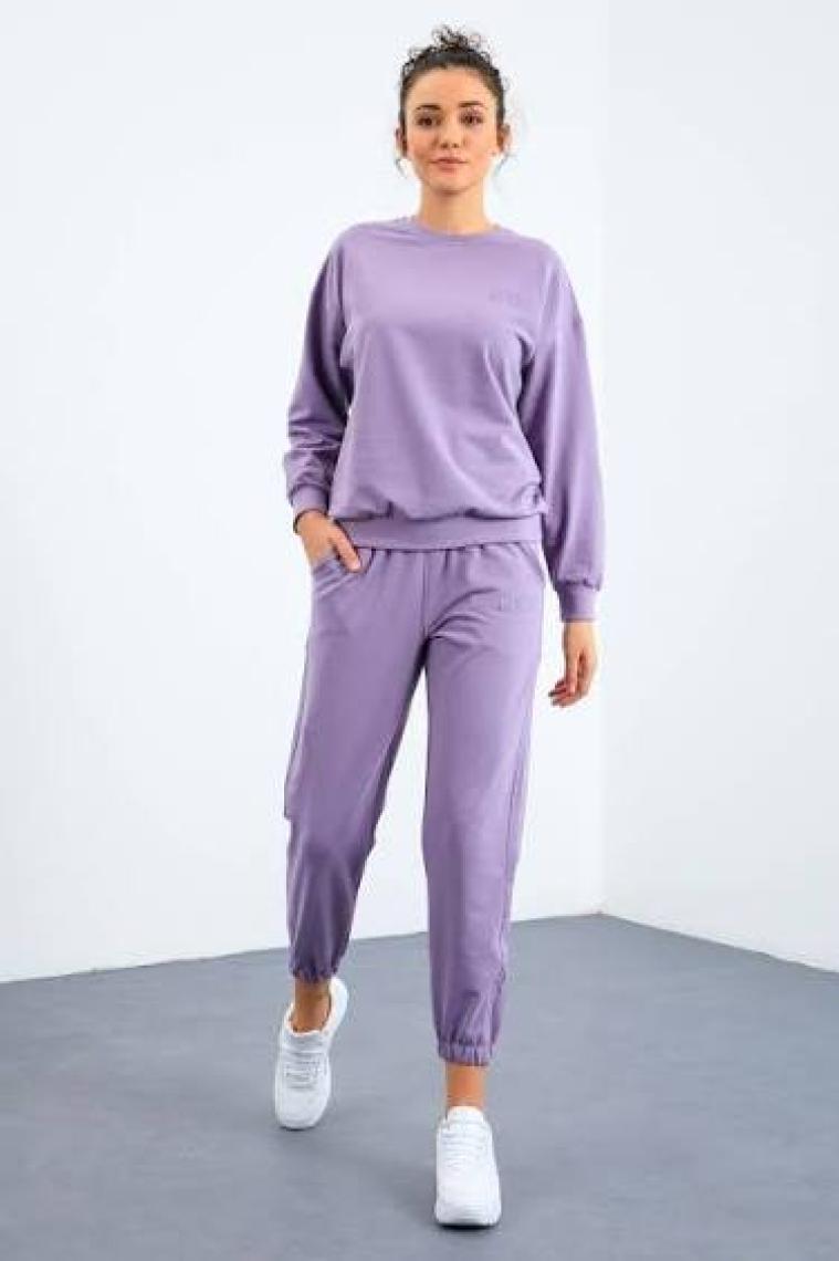 Tommy Life Eflatun O Yaka Oversize Lastik Paça Kadın Eşofman Takım - 95287
