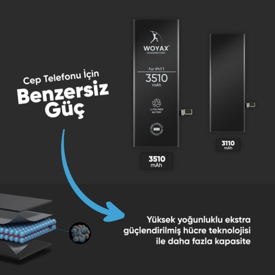Woyax iPhone 11 Uyumlu 3510 mAh Premium Batarya – Yüksek Kapasiteli, Uzun Ömürlü ve Güvenli Hızlı Şarj Desteği