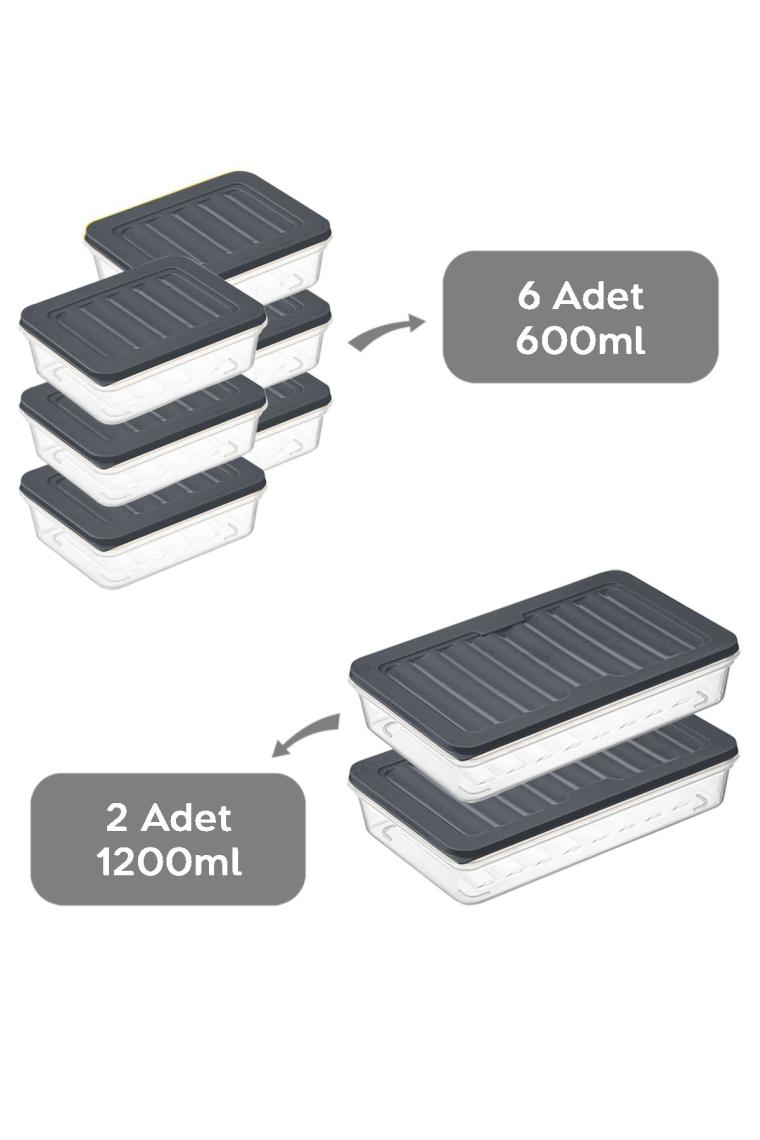 8'li Buzdolabı Organizer Mikrodalga Ve Difrize Uygun Saklama Kabı 2 X 1200 ml - 6 X 600 ml