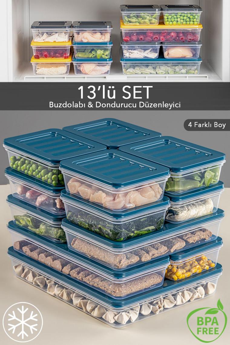 13'lü Buzdolabı Organizer Mikrodalga Ve Difrize Uygun Saklama Kabı 1x2400ml-2x1170-2x1200ml-8x600ml