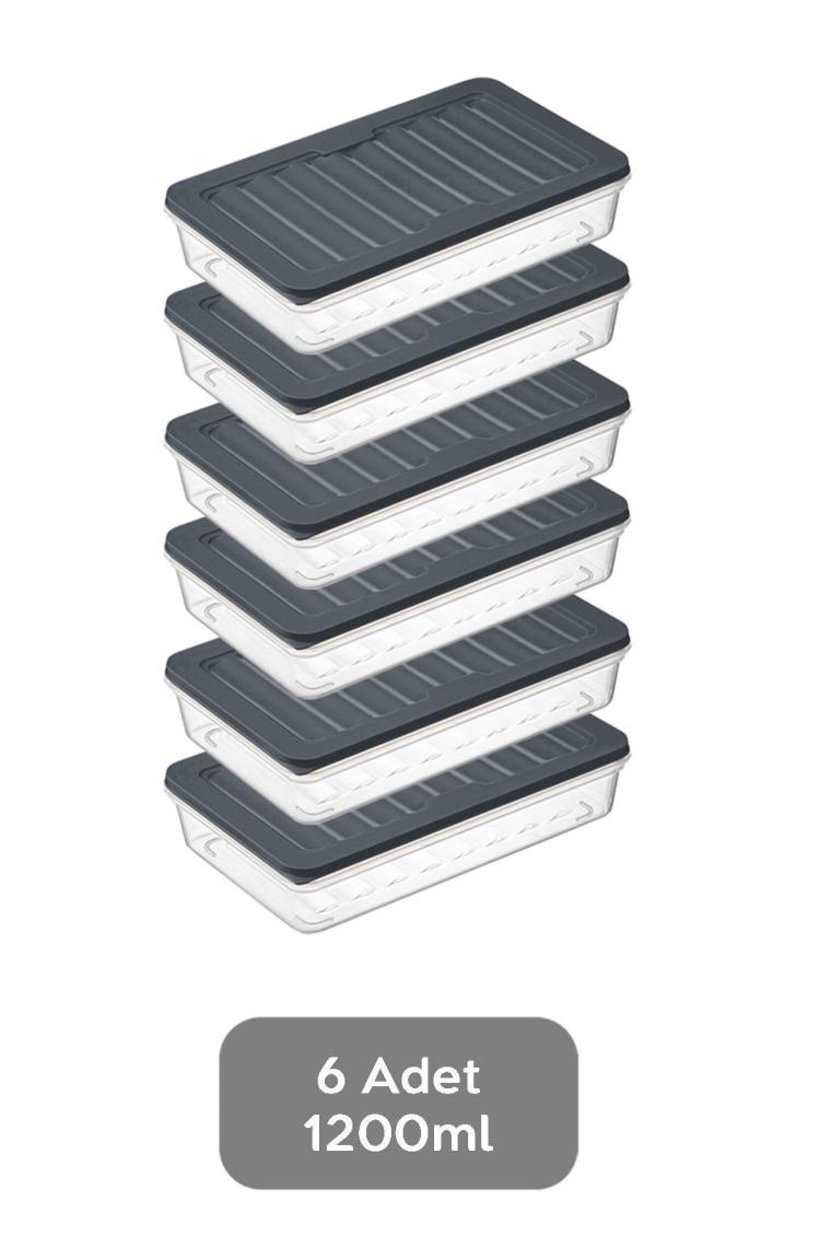 6'lı Buzdolabı Organizer Mikrodalga Ve Difrize Uygun Saklama Kabı Antrasit 6 X 1200 ml