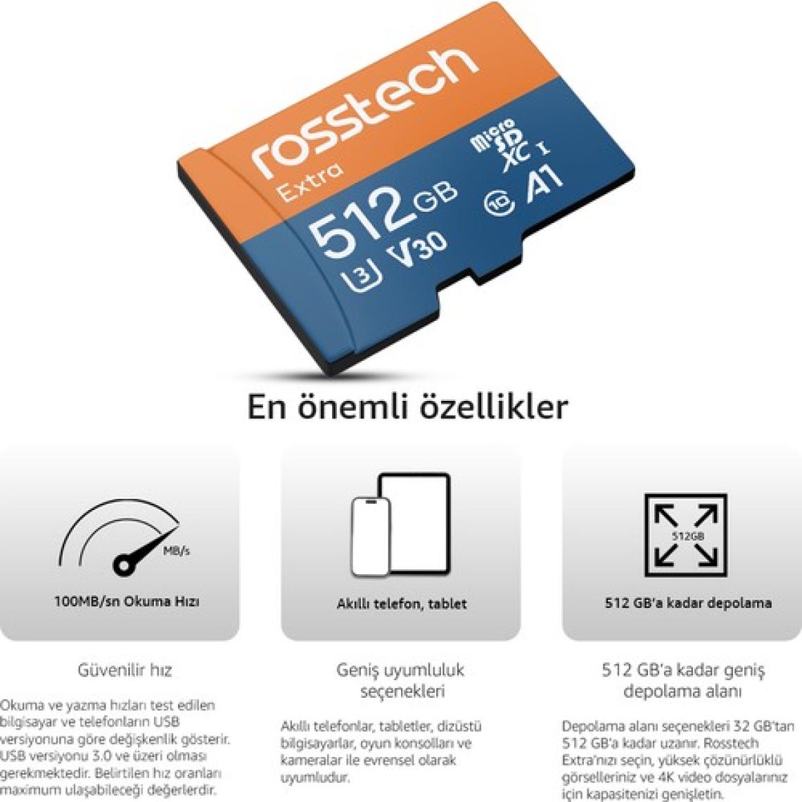 Rosstech Extra 512GB Micro Sdxc V30 Uhs-3 C10 100MB/SN + Adaptörlü Hafıza Kartı