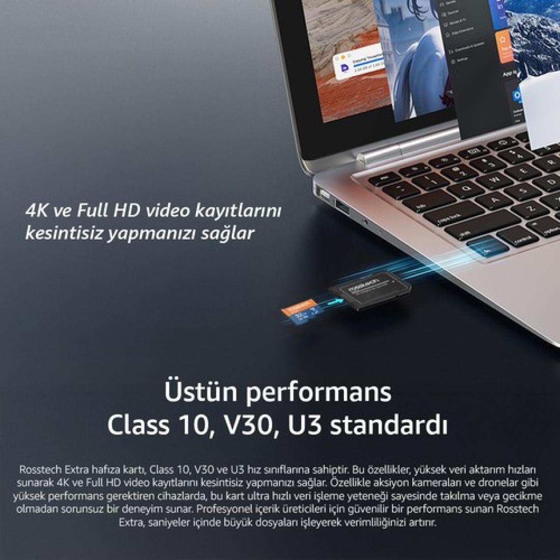 Rosstech Extra 32GB Micro Sdhc V30 Uhs-3 C10 100MB/SN + Adaptörlü Hafıza Kartı