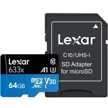 Lexar 633X 64GB 100MB-45MB/s microSDXC UHS-1 Class 10 A1 V30 U3 Hafıza Kartı + Adaptör (LSDMI64GBB633A)