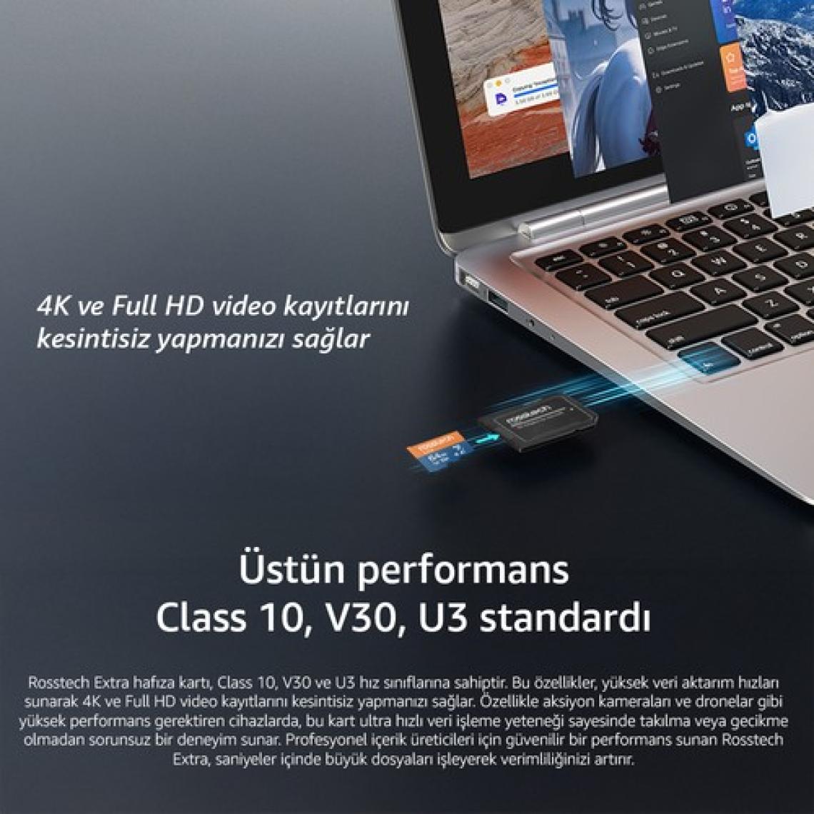 Rosstech Extra 64GB Micro Sdxc V30 Uhs-3 C10 100MB/SN + Adaptörlü Hafıza Kartı