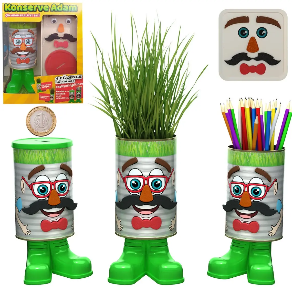 Konserve Bahçem Çim Adam - 4 Eğlence Bir Arada - 20 cm Büyük Boy Konserve Adam Faaliyet Seti (Kumbara Özellikli)