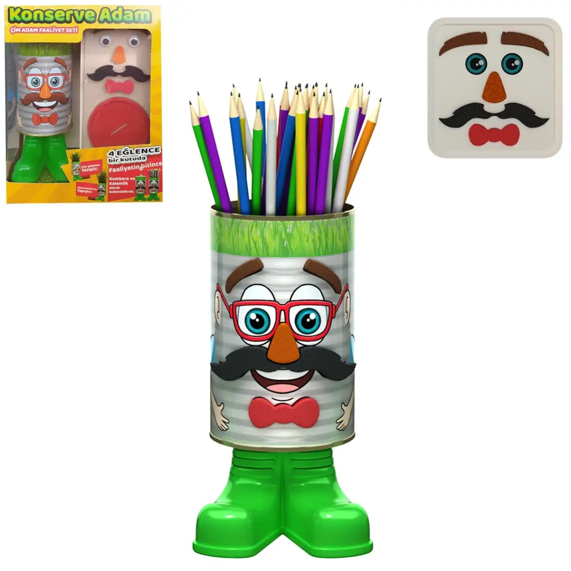 Konserve Bahçem Çim Adam - 4 Eğlence Bir Arada - 20 cm Büyük Boy Konserve Adam Faaliyet Seti (Kumbara Özellikli)