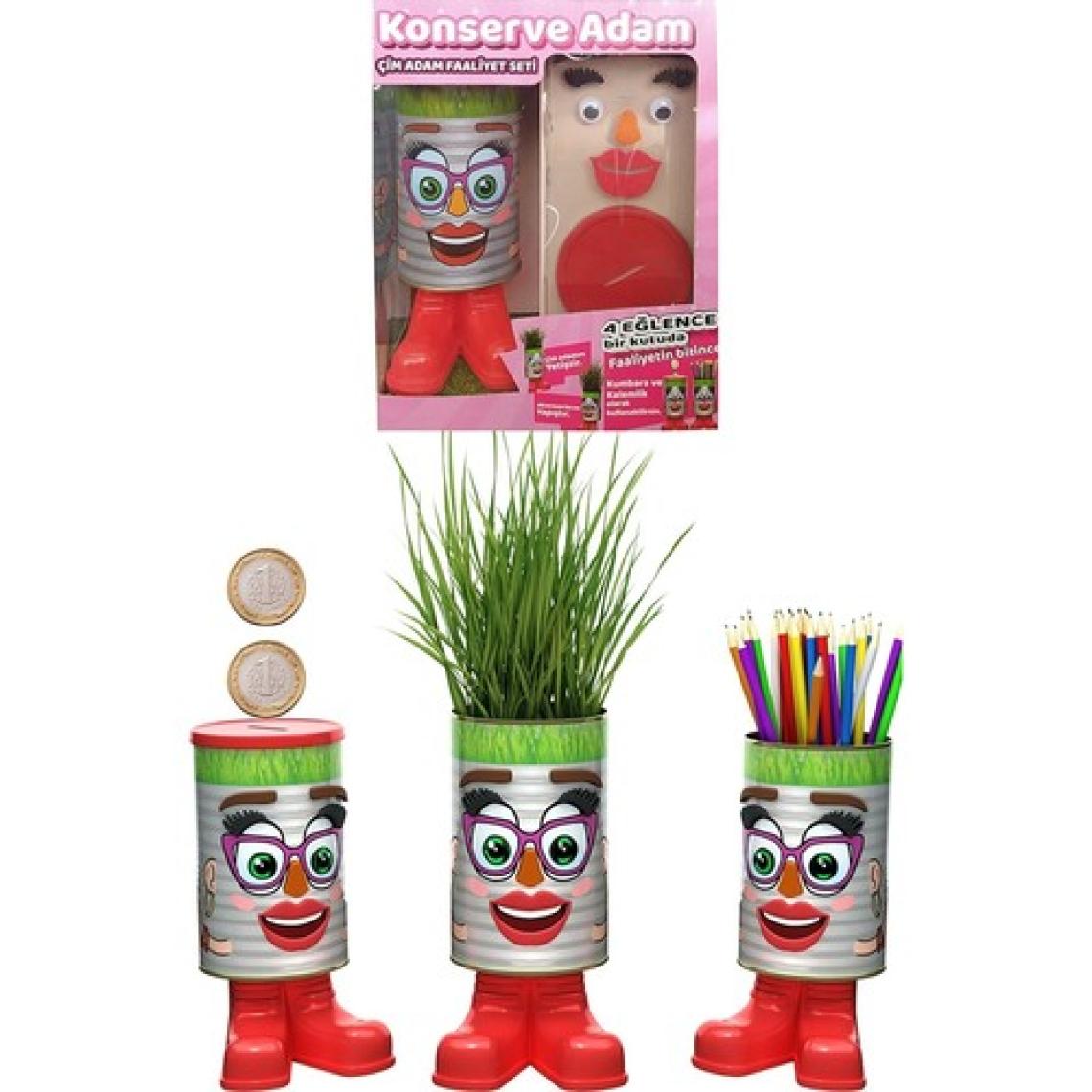 Konserve Bahçem Çim Adam - 4 Eğlence Bir Arada - 20 cm Büyük Boy Konserve Kadın Faaliyet Seti (Kumbara Özellikli)