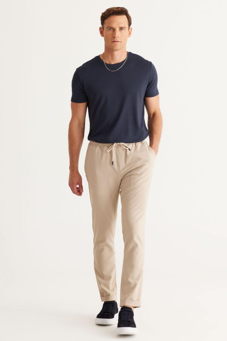 Altınyıldız Classics Erkek Bej Slim Fit Rahat Kesim Beli Bağlamalı Yan Cepli Jogger Pantolon