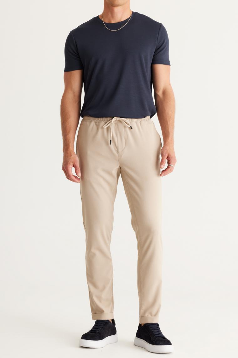 Altınyıldız Classics Erkek Bej Slim Fit Rahat Kesim Beli Bağlamalı Yan Cepli Jogger Pantolon