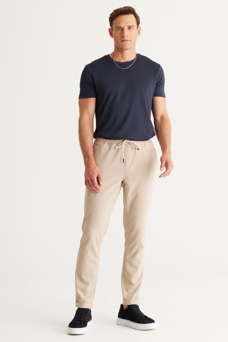 Altınyıldız Classics Erkek Bej Slim Fit Rahat Kesim Beli Bağlamalı Yan Cepli Jogger Pantolon