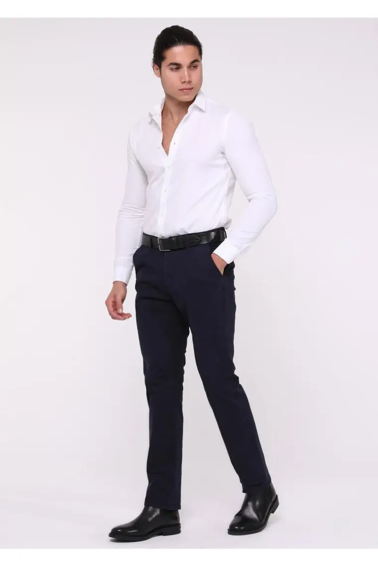 Erkek Lacivert Likralı Yüksek Bel Regular Fit Bol Kesim Yandan Cepli Chino Klasik Pantolon C336CHN