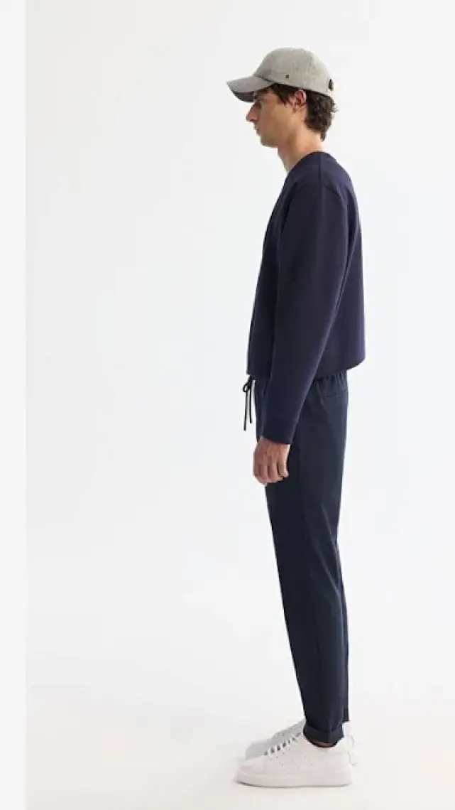 Erkek Lacivert Relaxed Fit Yandan Cepli Beli Lastikli Bağcıklı Duble Paça Jogger Pantolon E003000