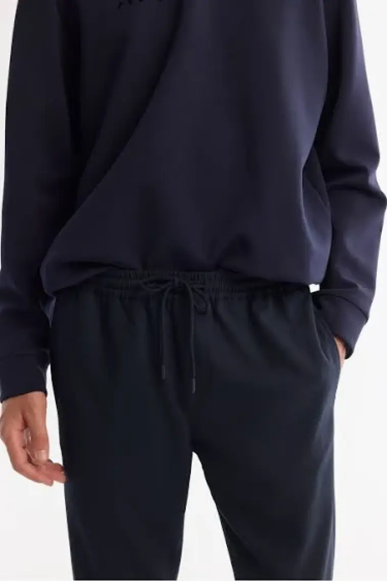 Erkek Lacivert Relaxed Fit Yandan Cepli Beli Lastikli Bağcıklı Duble Paça Jogger Pantolon E003000