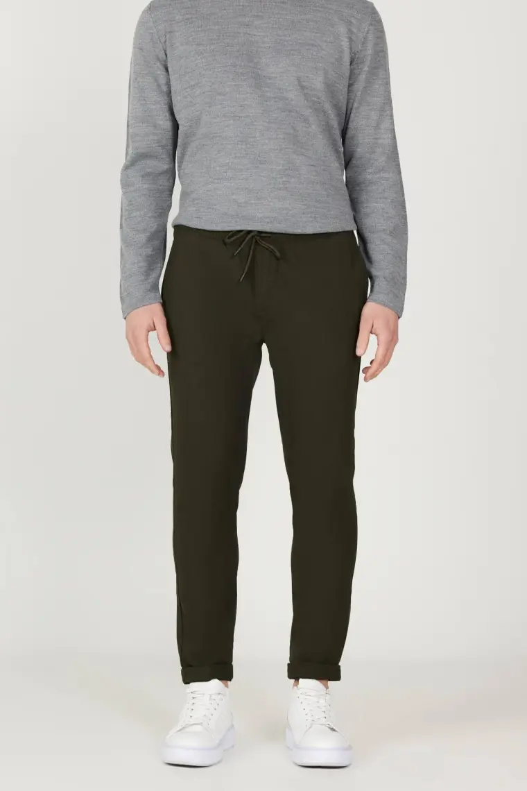 Altınyıldız Classics Erkek Haki Slim Fit Rahat Kesim Beli Bağlamalı Yan Cepli Jogger Pantolon