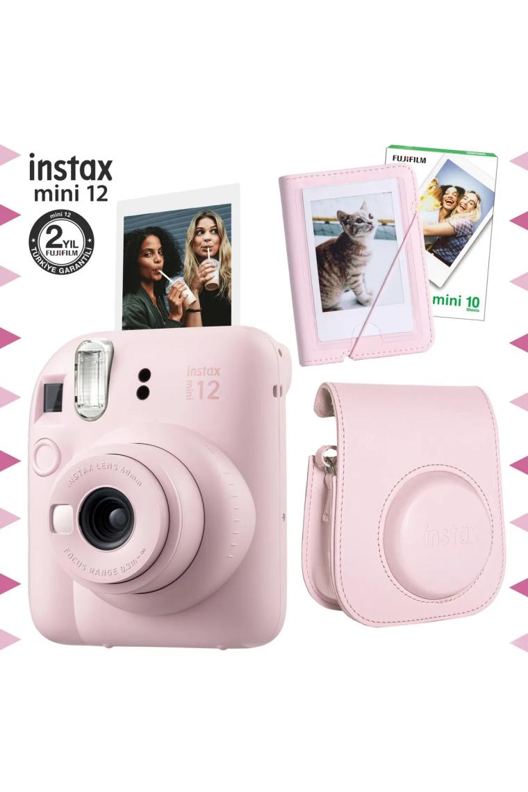 Fujifilm Instax Mini 12 Pembe Fotoğraf Makinesi-10'lu Film-Mini Albüm ve Deri Kılıf Seti