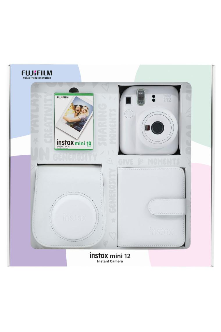 Fujifilm Instax Mini 12 Beyaz Fotoğraf Makinesi 10'lu Film Kare Albüm ve Deri Kılıf Bundle Box