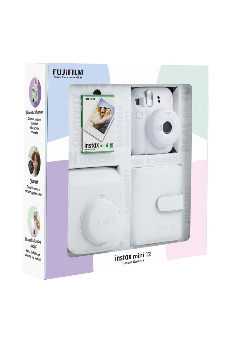 Fujifilm Instax Mini 12 Beyaz Fotoğraf Makinesi 10'lu Film Kare Albüm ve Deri Kılıf Bundle Box