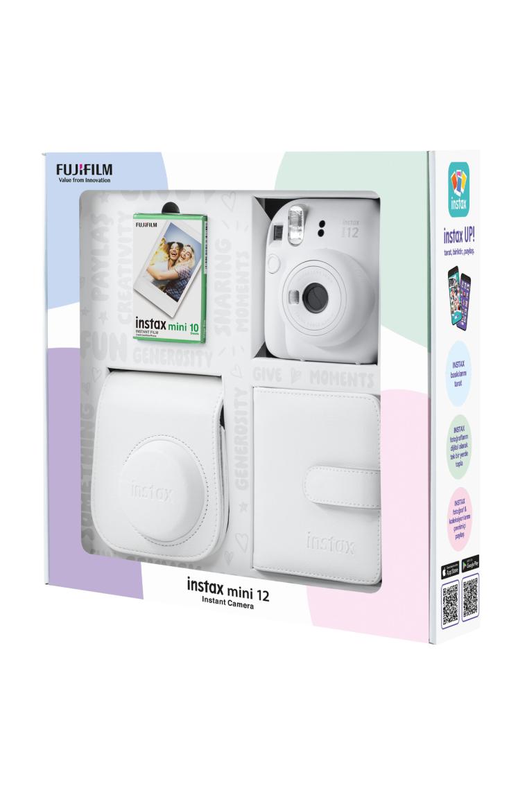 Fujifilm Instax Mini 12 Beyaz Fotoğraf Makinesi 10'lu Film Kare Albüm ve Deri Kılıf Bundle Box