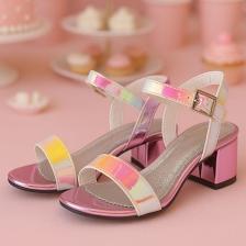 Hapshoe Kids Hologram Pembe-Sarı Kalın Topuklu Kız Çocuk Abiye Ayakkabı
