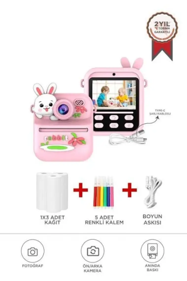 Torima Cmr-33 Pembe Dijital Video Kayıt Fotoğraf Çocuk Kamerası Termal Resim Kağıt Baskılı Yazıcı