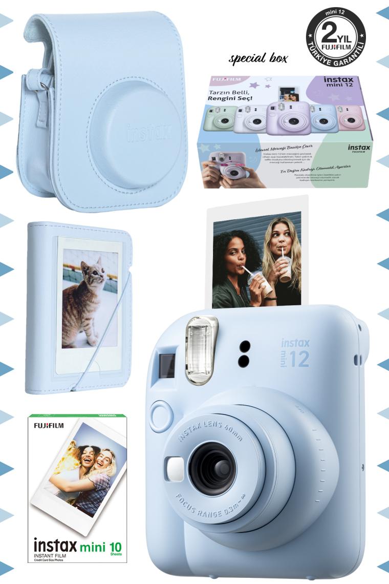 Fujifilm Instax Mini 12 10 Filmli Mini Albüm ve Deri Kılıflı Mavi Fotoğraf Makinesi