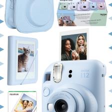 Fujifilm Instax Mini 12 10 Filmli Mini Albüm ve Deri Kılıflı Mavi Fotoğraf Makinesi