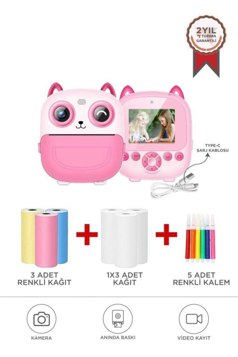 Torima Cmr-21 Pembe Dijital Video Kayıt App Destekli Fotoğraf Çocuk Kamerası Termal Resim Kağıt Baskılı Yazıcı