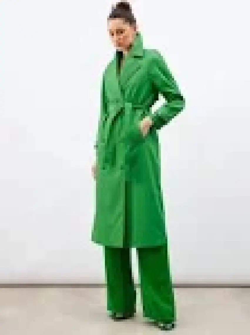 Sateen Kuşaklı Uzun Trenç - Yeşil