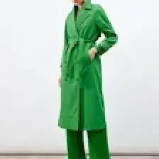 Sateen Kuşaklı Uzun Trenç - Yeşil