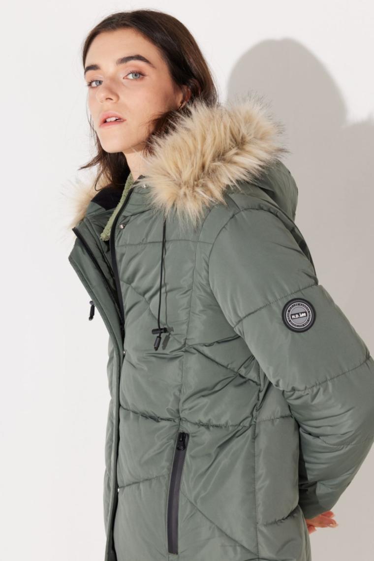 Regular Fit Normal Kesim Kapüşonlu Uzun Haki Şişme Mont